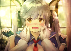 Rule 34 | 1girl, animal ear fluff, animal ears, azur lane, black bow, black gloves, blurry, blurry background, blush, bow, brown eyes, cheek pinching, commentary request, curtains, day, depth of field, ek masato, embarrassed, essex (azur lane), fingerless gloves, fingernails, gloves, grey hair, hair between eyes, hair bow, hands up, indoors, long hair, long sleeves, nose blush, open mouth, out of frame, pinching, pov, rabbit ears, red neckwear, solo focus, surprised, twintails, upper body, white gloves, window