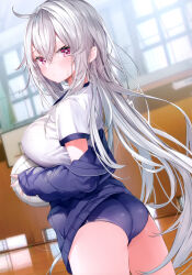 Rule 34 | 1girl, absurdres, ahoge, ass, ball, basketball hoop, blue buruma, blue jacket, blurry, blurry background, blush, breasts, buruma, closed mouth, commentary request, depth of field, grey hair, gym uniform, hair between eyes, highres, holding, holding ball, indoors, jacket, kamioka shun&#039;ya, large breasts, long sleeves, looking at viewer, looking back, non-web source, off shoulder, open clothes, open jacket, original, pointy ears, puffy long sleeves, puffy sleeves, purple eyes, shiori (kamioka shun&#039;ya), shirt, short sleeves, sleeves past wrists, solo, sunlight, sweat, volleyball, volleyball (object), white shirt, window