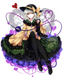 Rule 34 | 1girl, absurdres, bad id, bad pixiv id, black footwear, black hat, black pantyhose, blood, bloody tears, blouse, bow, closed mouth, eyeball, floral print, frilled shirt collar, frilled sleeves, frills, full body, green eyes, green skirt, hat, hat bow, heart, heart of string, highres, komeiji koishi, long sleeves, looking at viewer, pantyhose, petticoat, sheya, shirt, shoes, silver hair, skirt, smile, solo, third eye, touhou, wide sleeves, yellow bow, yellow shirt