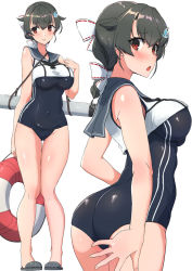 Rule 34 | 1girl, ass, black hair, black neckwear, black one-piece swimsuit, blue sailor collar, blush, breasts, comala (komma la), cosplay, hair flaps, hair ornament, hair ribbon, highres, holding, innertube, jingei (kancolle), kantai collection, large breasts, multiple views, one-piece swimsuit, open mouth, red eyes, ribbon, ro-500 (kancolle), ro-500 (kancolle) (cosplay), sailor collar, simple background, sleeveless, standing, swim ring, swimsuit, swimsuit under clothes, torpedo, white background