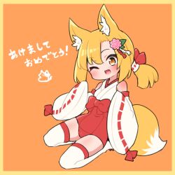 Rule 34 | 1girl, ;d, animal ear fluff, animal ears, bare shoulders, blonde hair, border, bow, covered navel, detached sleeves, flower, fox ears, fox girl, fox tail, full body, hair between eyes, hair flower, hair ornament, japanese clothes, kimono, kuroshiro gurei, leotard, long sleeves, looking at viewer, low ponytail, one eye closed, open mouth, orange background, orange eyes, original, parted bangs, pink flower, ponytail, red bow, red leotard, ribbon-trimmed sleeves, ribbon trim, seiza, sitting, sleeveless, sleeveless kimono, sleeves past fingers, sleeves past wrists, smile, solo, tail, thighhighs, translation request, white kimono, white sleeves, white thighhighs, wide sleeves, yellow border