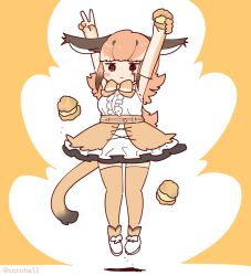 Rule 34 | 1girl, animal ears, arms up, belt, bow, bowtie, caracal (kemono friends), cat ears, cat girl, cat tail, coroha, cream puff, elbow gloves, extra ears, food, full body, gloves, jumping, kemono friends, kemono friends v project, long hair, looking at viewer, mashle, orange background, orange hair, parody, shirt, shoes, simple background, skirt, sleeveless, sleeveless shirt, solo, tail, thighhighs, v, virtual youtuber
