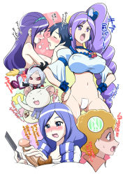 Rule 34 | 1980s (style), 2boys, 5girls, afro, aono miki, aono remi, black hair, blonde hair, blue hair, blush, bottomless, breasts, brother and sister, brown hair, censored, chiffon (fresh precure!), comb, covered erect nipples, cure berry, densetsu kyojin ideon, drill hair, eas (fresh precure!), fresh precure!, hair ornament, hands on own hips, heart, heart hair ornament, hetero, higashi setsuna, huge breasts, ichijou kazuki, incest, jewelry, maebari, magical girl, mirror, momozono love, mosaic censoring, multiple boys, multiple girls, navel, oldschool, open mouth, parody, pasties, penis, precure, purple hair, red eyes, retro artstyle, satsuki itsuka, siblings, sweat, tape, tart (fresh precure!), tongue, topless, translation request, white hair