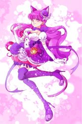Rule 34 | 10s, animal ears, blush, cure macaron, dress, highres, kirakira precure a la mode, kotozume yukari, long hair, magical girl, precure, purple eyes, purple hair, smile, tail