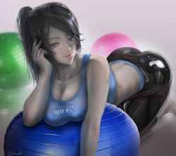 Rule 34 | 1girl, ass, ball, black eyes, black hair, blue bra, bra, breasts, cleavage, exercise ball, hand on own head, highres, latex, long hair, looking at viewer, nintendo, oscuroii, ponytail, smile, solo, sports bra, sportswear, underwear, wii fit, wii fit trainer, wii fit trainer (female)