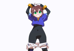 Rule 34 | 1girl, aile (mega man zx), black bodysuit, blue footwear, blue jacket, bodysuit, bodysuit under clothes, brown hair, clothes pull, commentary request, covered navel, cropped jacket, green eyes, hands on own head, jacket, kaidou zx, mega man (series), mega man zx, open mouth, robot ears, short hair, shorts, shorts pull, simple background, smile, teeth, white background, white shorts