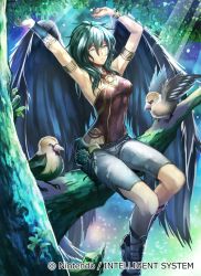 Rule 34 | bird, blue eyes, bracelet, breasts, cleavage, copyright name, feathered wings, fire emblem, fire emblem: radiant dawn, fire emblem cipher, jewelry, leaf, long hair, nagahama megumi, nintendo, official art, one eye closed, sandals, sitting, tree, vika, wings
