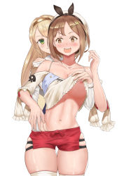 Rule 34 | 2girls, absurdres, atelier (series), atelier ryza, belt, blonde hair, blush, braid, breasts, brown eyes, brown hair, cleavage, clothes lift, collarbone, curvy, deep skin, green eyes, groping, hair ornament, hairband, hairclip, hand in pants, hat, highres, klaudia valentz, long hair, multiple girls, nipples, open mouth, red shorts, reisalin stout, serelith, shiny skin, shirt lift, short shorts, shorts, thick thighs, thigh gap, thighs, tongue, wavy mouth, white headwear, yuri