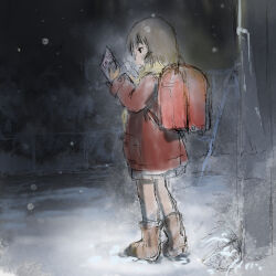 Rule 34 | 1girl, backpack, bag, boku dake ga inai machi, book, boots, brown footwear, brown hair, chain-link fence, coat, dark, facing away, fence, from behind, from side, full body, grey skirt, guma, heel up, highres, hinazuki kayo, holding, holding book, knee boots, long sleeves, looking at object, night, outdoors, park, playground, pleated skirt, randoseru, reading, red bag, red coat, scarf, short hair, sketch, skirt, snow, snowflakes, snowing, solo, standing, swing set, tree, winter, winter clothes, winter coat, yellow scarf