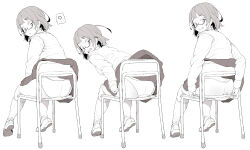 Rule 34 | 1girl, ?, absurdres, ass, ass focus, butt crack, chair, flashing, from behind, full body, glasses, greyscale, highres, lineart, loafers, long sleeves, looking at viewer, looking back, miniskirt, monochrome, multiple views, naughty face, neyuki rei, on chair, open mouth, original, panties, panty pull, pleated skirt, pulled by self, school chair, semi-rimless eyewear, shirt, shoes, short hair, simple background, sitting, skirt, skirt caught on object, sweater vest, under-rim eyewear, underwear, white background