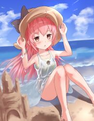 Rule 34 | 1girl, alternate costume, beach, blush, bracelet, breasts, cocoa (nikke), collarbone, day, dress, goddess of victory: nikke, hair between eyes, hands on headwear, highres, jewelry, long hair, lunati nikke, ocean, outdoors, pink hair, sand, sand castle, sand sculpture, sidelocks, sitting, small breasts, solo, triangle mouth, water, white dress, yellow eyes