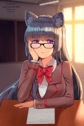 Rule 34 | 1girl, absurdres, animal ears, artist name, bespectacled, black-framed eyewear, black hair, blunt bangs, blush, bow, bowtie, cat ears, closed mouth, collared shirt, desk, frown, glasses, hand on own cheek, hand on own face, highres, indoors, king&#039;s raid, long hair, long sleeves, looking at viewer, newmoonshira, purple eyes, red bow, red bowtie, seria (king&#039;s raid), shirt, sitting, solo, upper body, very long hair, white shirt, window