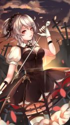 Rule 34 | 1girl, black dress, bow, concealed weapon, cross, dress, garter straps, gloves, grey hair, iron saga, judith (iron saga), key, munape, outdoors, parted lips, puffy short sleeves, puffy sleeves, red eyes, short sleeves, skull, solo, sword cane, thighhighs, weapon, white gloves, white thighhighs