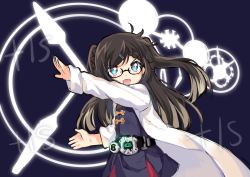 Rule 34 | 1girl, :d, absurdres, belt, belt buckle, black-framed eyewear, black belt, blue dress, blue eyes, blush, braid, brown hair, buckle, dress, fang, girls&#039; frontline, glasses, hair ornament, hairclip, highres, kamen rider, kamen rider zi-o, kamen rider zi-o (series), lab coat, long hair, looking at viewer, open mouth, outstretched arm, pleated dress, semi-rimless eyewear, shenbei xiaoqiu, smile, solo, standing, two side up, type 59 (girls&#039; frontline), under-rim eyewear, v-shaped eyebrows, very long hair