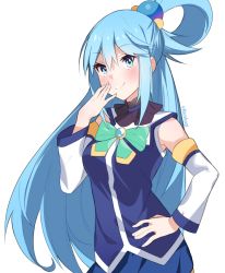 Rule 34 | 1girl, aqua (konosuba), bare shoulders, blue eyes, blue hair, blue shirt, blue skirt, blush, bow, bowtie, breasts, closed mouth, commentary request, cowboy shot, detached sleeves, green bow, green bowtie, hair between eyes, hair bobbles, hair ornament, hair rings, hand on own hip, hand on own face, hand to own mouth, hand up, harukagi, kono subarashii sekai ni shukufuku wo!, long hair, long sleeves, looking at viewer, medium breasts, shirt, simple background, skirt, sleeveless, smile, smug, solo, very long hair, white background
