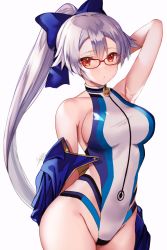 Rule 34 | 1girl, arm behind head, arm up, blue bow, blue jacket, blue one-piece swimsuit, blush, bow, breasts, closed mouth, competition swimsuit, fate/grand order, fate (series), glasses, hair between eyes, hair bow, highleg, highleg swimsuit, highres, jacket, large breasts, long hair, looking at viewer, off shoulder, one-piece swimsuit, ponytail, red-framed eyewear, red eyes, seiru (prairie), short sleeves, silver hair, simple background, swimsuit, thighs, tomoe gozen (fate), tomoe gozen (swimsuit saber) (fate), tomoe gozen (swimsuit saber) (first ascension) (fate), turtleneck, turtleneck one-piece swimsuit, two-tone swimsuit, white background, white one-piece swimsuit