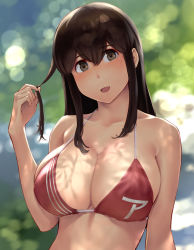 Rule 34 | 1girl, akagi (kancolle), bare shoulders, bikini, blurry, blurry background, blush, breasts, brown eyes, brown hair, cleavage, collarbone, dappled sunlight, highres, kantai collection, large breasts, long hair, looking at viewer, open mouth, outdoors, red bikini, shade, smile, solo, sunlight, swimsuit, wa (genryusui)