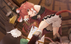 Rule 34 | 1girl, 1other, absurdres, animal, animal ears, apron, ass, bird, bloomers, boots, brown eyes, brown footwear, dress, duck, fang, from behind, from below, hand on own head, highres, indoors, kneepits, leaning forward, looking at viewer, looking back, looking down, miniskirt, mouse ears, mouse girl, mouse tail, munji art, off shoulder, open mouth, original, shirt, short dress, skirt, tail, thighs, underwear, white apron, white bloomers, white shirt