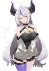 Rule 34 | 1girl, aged up, ahoge, alternate breast size, bare shoulders, black dress, braid, breasts, cowboy shot, demon horns, detached sleeves, dress, female focus, highres, hololive, holox, horns, la+ darknesss, large breasts, long hair, long sleeves, looking at viewer, multicolored hair, nekoume, open mouth, puffy sleeves, purple thighhighs, short dress, side slit, simple background, single thighhigh, smile, solo, streaked hair, striped horns, thighhighs, thighs, very long hair, virtual youtuber, white background, white hair, yellow eyes, yellow neckwear