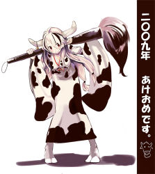 Rule 34 | 00s, 1girl, 2009, animal ears, animal print, blush, calligraphy brush, cow ears, cow print, giant brush, japanese clothes, kimono, long hair, multicolored hair, new year, original, paintbrush, shiromiso, smile, solo, tabi, translation request, two-tone hair