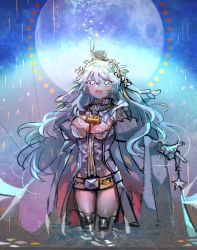Rule 34 | 1girl, artemis (fate), belt, blue eyes, breasts, chain, cleavage, elbow gloves, fate/grand order, fate (series), flower, gloves, highres, long hair, moon, orion (bear) (fate), silver hair, star (symbol), thighhighs, water