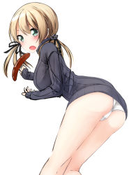 Rule 34 | 10s, 1girl, anchor hair ornament, ass, bad id, bad pixiv id, blonde hair, blush, dress, eating, food, from behind, green eyes, hair ornament, hair ribbon, kantai collection, lace, lace-trimmed panties, lace trim, leaning forward, long hair, long sleeves, looking back, nekobaka, open mouth, panties, pantyshot, prinz eugen (kancolle), ribbed sweater, ribbon, sausage, short dress, simple background, solo, standing, sweater, sweater dress, twintails, underwear, white background, white panties