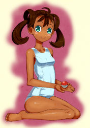 Rule 34 | 10s, 1girl, antenna hair, barefoot, blush, blush stickers, breasts, brown hair, creatures (company), cupping hands, game freak, green eyes, holding, holding poke ball, long hair, looking at viewer, nintendo, one-piece swimsuit, own hands together, poke ball, poke ball (basic), pokemon, pokemon xy, quad tails, school swimsuit, shauna (pokemon), sitting, small breasts, smile, solo, swimsuit, toes, toranoe, wariza