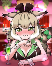 Rule 34 | 1girl, alcohol, animal ears, blush, bunny garden, cat ears, cat girl, cat tail, cuffs, cup, drinking glass, extra ears, green eyes, grey hair, highres, jacket, jungle cat (kemono friends), kemono friends, kemono friends v project, long hair, looking at viewer, mabuta (mbt), parody, rabbit ears, ribbon, sleeveless, solo, tail, twintails, upper body, virtual youtuber, wrist cuffs