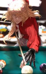 Rule 34 | 1boy, ball, billiard ball, billiards, black gloves, blonde hair, blue eyes, blurry, closed mouth, collared shirt, cue stick, depth of field, fingernails, gloves, hair over one eye, highres, holding, holding cue stick, ichimonji norimune, kekko, leaning forward, long hair, long sleeves, looking away, looking down, male focus, necktie, one eye covered, outstretched arm, pants, partially fingerless gloves, pool table, red shirt, shiny clothes, shirt, smile, solo, table, touken ranbu, upper body, white necktie, white pants