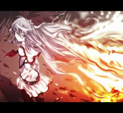 Rule 34 | 1girl, annoyed, belt, blouse, bow, dress shirt, female focus, fire, fujiwara no mokou, hair bow, hands in pockets, letterboxed, long hair, looking back, loxodon, pale skin, pants, red eyes, shirt, silver hair, solo, touhou, very long hair, white shirt