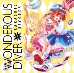 Rule 34 | 2girls, album cover, blonde hair, blue eyes, bow, brown eyes, brown hair, card, checkered background, cover, cup, dress, hat, interlocked fingers, kokonoha mikage, long hair, maribel hearn, multiple girls, necktie, open mouth, playing card, ribbon, short hair, skirt, smile, socks, stopwatch, striped clothes, striped legwear, striped socks, teacup, teapot, touhou, usami renko, watch