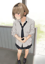 Rule 34 | 1girl, averting eyes, black footwear, black hair, black necktie, black skirt, blurry, blush, brown hair, collared shirt, commentary request, depth of field, grey eyes, grey shirt, loafers, looking to the side, mattaku mousuke, medium hair, miniskirt, multicolored hair, necktie, no socks, original, outdoors, own hands together, parted lips, partially unbuttoned, school uniform, shadow, shirt, shoes, sidelocks, skirt, sleeves rolled up, solo, standing, streaked hair, sweatdrop, twitter username