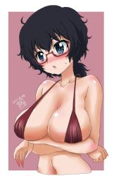 Rule 34 | 1girl, artist name, bikini, black eyes, black hair, blush, breast hold, breasts, brown-framed eyewear, cleavage, commentary, cropped torso, crossed arms, dated, fujimaru arikui, girls und panzer, glasses, highres, large breasts, looking away, messy hair, navel, one-hour drawing challenge, open mouth, oryou (girls und panzer), outside border, purple background, purple bikini, semi-rimless eyewear, short hair, short ponytail, signature, skindentation, solo, sweat, swimsuit, under-rim eyewear, upper body