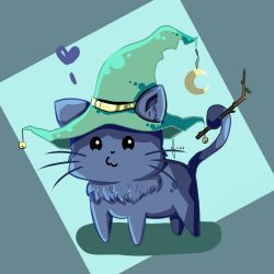 Rule 34 | bell, cat, commentary, crescent, crescent hat ornament, english commentary, full body, green headwear, hat, hat ornament, heart, highres, holding, holding stick, holding with tail, jingle bell, leaf, matchapudding, original, prehensile tail, simple background, stick, tail, witch hat