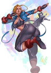 Rule 34 | 1girl, animal ears, ass, blonde hair, blue eyes, breasts, cammy white, cat, cat ears, cat tail, cleavage, crop top, highres, jacket, juaag acgy, large breasts, lips, long sleeves, pants, short hair, street fighter, street fighter 6, tail