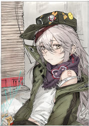 Rule 34 | 1girl, absurdres, badge, beret, black shorts, blush, cigarette, cigarette butt, cigarette pack, coat, earrings, g11 (girls&#039; frontline), girls&#039; frontline, green hat, green jacket, grey eyes, hat, highres, hiranko, huge filesize, jacket, jewelry, long hair, looking at viewer, open clothes, open coat, purple scarf, scarf, scarf on head, shorts, signature, silver hair, smiley face, solo, tank top, white tank top, window blinds
