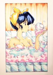 Rule 34 | 1980s (style), 1girl, bathing, black hair, breasts, brown eyes, blowing bubbles, cleavage, commentary, english commentary, from side, harleequeen, oldschool, original, retro artstyle, solo