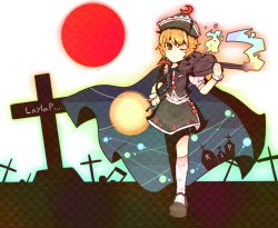 Rule 34 | 1girl, bad id, bad pixiv id, blonde hair, bow (music), brown eyes, cape, crescent, cross, female focus, hat, highres, instrument, itomugi-kun, kneehighs, lunasa prismriver, mary janes, one eye closed, red sun, shoes, skirt, socks, solo, tombstone, touhou, violin, white socks, yellow eyes