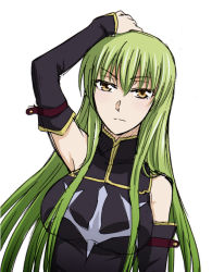 Rule 34 | 1girl, bare shoulders, breasts, c.c., code geass, detached sleeves, female focus, green hair, long hair, simple background, solo, taguchi kenji (omaep), white background, yellow eyes