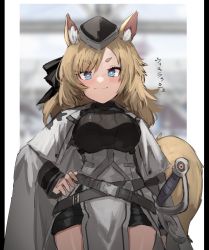 Rule 34 | 1girl, animal ears, arknights, belt, black hat, blonde hair, blue eyes, blush, breasts, character name, closed mouth, commentary request, hat, highres, horn/wood, horse ears, horse girl, horse tail, long hair, long sleeves, looking at viewer, smile, solo, sword, tail, translation request, weapon, whislash (arknights)
