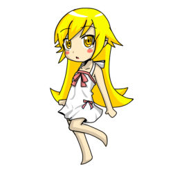 Rule 34 | 10s, 1girl, bakemonogatari, bare shoulders, barefoot, blonde hair, blush stickers, crys (dai), dress, long hair, monogatari (series), nisemonogatari, oshino shinobu, pointy ears, solo, yellow eyes