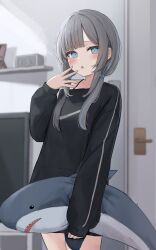 Rule 34 | 1girl, :o, black shirt, blue eyes, blue hair, blush, clock, digital clock, door, dot nose, grey hair, hand to own mouth, highres, holding, holding stuffed toy, hugging object, ikea shark, indoors, long bangs, long hair, long sleeves, looking at viewer, low twintails, multicolored hair, no pants, open mouth, original, shelf, shirt, sidelocks, sleeves past wrists, solo, streaked hair, stuffed animal, stuffed shark, stuffed toy, tanshio, television, twintails