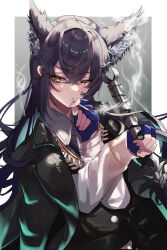 Rule 34 | 1girl, 80illu, absurdres, animal ear fluff, animal ear piercing, animal ears, arknights, averting eyes, belt, belt pouch, black belt, black hair, black jacket, black vest, blue gloves, blue hair, blush, border, buttons, cigarette, closed mouth, collared shirt, colored inner hair, commentary request, contrapposto, crossed bangs, dress shirt, embarrassed, extra ears, eyelashes, facing viewer, fingerless gloves, fingernails, floating hair, gloves, gradient background, grey background, hair between eyes, hands up, high collar, highres, holding, holding cigarette, holding sword, holding weapon, jacket, jacket on shoulders, lapels, long hair, long sleeves, looking afar, looking to the side, multicolored hair, notched lapels, official alternate costume, open clothes, open jacket, piercing, pouch, shadow, shirt, sidelocks, smoke, smoke trail, smoking, solo, standing, straight hair, sword, texas (arknights), texas the omertosa (arknights), two-tone hair, upper body, v-shaped eyebrows, vest, weapon, white border, white shirt, wing collar, wolf ears, wolf girl, yellow eyes