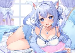 Rule 34 | 1girl, :d, ahoge, animal ear fluff, animal ears, bare legs, bare shoulders, blue bow, blue eyes, blue hair, blue jacket, blue ribbon, blue shorts, blush, bow, bow camisole, breast rest, breasts, camisole, cat ears, cat girl, cat tail, cleavage, collarbone, commission, controller, curtains, day, fang, flipped hair, flower, flower necklace, food, frilled camisole, frilled pillow, frills, game console, hair between eyes, hair ribbon, heart, heart-shaped pillow, holding, holding controller, indoors, jacket, jewelry, large breasts, legs together, long hair, long sleeves, looking at viewer, lying, necklace, off-shoulder jacket, off shoulder, on bed, open clothes, open jacket, open mouth, original, pillow, pocky, ribbon, shorts, side bun, side ponytail, skeb commission, skin fang, smile, solo, tail, tail raised, takanashi (takanashi tkns), thigh gap, twisted torso, wavy hair, white camisole, window