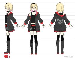 Rule 34 | 1girl, absurdres, ashizawa saki, black thighhighs, blonde hair, boots, character sheet, colored inner hair, cross, cross-laced footwear, cross necklace, face, from side, hair between eyes, hair ornament, highres, jewelry, lace-up boots, multicolored hair, multiple views, necklace, riot music, shiro kuma shake, simple background, standing, thighhighs, virtual youtuber, white background