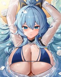 Rule 34 | 1girl, absurdres, arms up, bikini, blue bikini, blue hair, blush, breasts, cleavage, commentary request, flower, goddess of victory: nikke, hair between eyes, hair intakes, hair spread out, helm (aqua marine) (nikke), helm (nikke), highres, large breasts, long hair, lying, official alternate costume, on back, partially unbuttoned, rose, see-through, see-through shirt, shirt, solo, somyo (s0my0), swimsuit, upper body, v-shaped eyebrows, very long hair, wet, wet clothes, wet shirt, white flower, white petals, white rose, white shirt