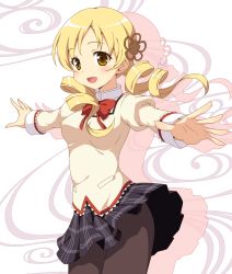 Rule 34 | 10s, 1girl, blonde hair, drill hair, highres, mahou shoujo madoka magica, mahou shoujo madoka magica (anime), outstretched arms, pantyhose, school uniform, skirt, smile, solo, spread arms, tomoe mami, twin drills, twintails, yamasan, yellow eyes
