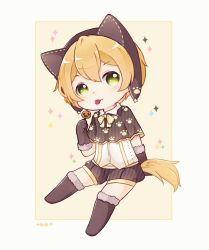 Rule 34 | 1girl, :p, artist name, black footwear, black gloves, boots, bow, capelet, chibi, elbow gloves, fur-trimmed boots, fur-trimmed gloves, fur trim, gloves, green eyes, halloween costume, highres, hoshizora rin, invisible chair, knee boots, looking at viewer, love live!, love live! school idol festival, love live! school idol project, orange hair, paparu (137135585), paw print, short hair, shorts, sitting, solo, star (symbol), tail, tongue, tongue out, wolf hood, wolf tail, yellow bow