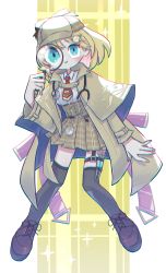 Rule 34 | 1girl, absurdres, black thighhighs, blonde hair, blue eyes, blush, brown capelet, brown footwear, capelet, collared shirt, deerstalker, hair ornament, hat, highres, holding, holding magnifying glass, hololive, hololive english, kotobukimura (toratoralaw), magnifying glass, open hand, plaid, plaid skirt, shirt, shirt tucked in, short hair, skirt, smile, solo, syringe, thighhighs, virtual youtuber, watson amelia, white shirt