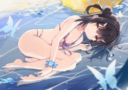 1girl ass bad_id bad_twitter_id bare_legs beach bikini black_bikini black_hair breasts double_bun fate/kaleid_liner_prisma_illya fate_(series) front-tie_bikini_top front-tie_top hair_bun hair_ornament hairclip lifebuoy looking_at_viewer miyu_edelfelt nanananana outdoors sand small_breasts swim_ring swimsuit twintails water yellow_eyes